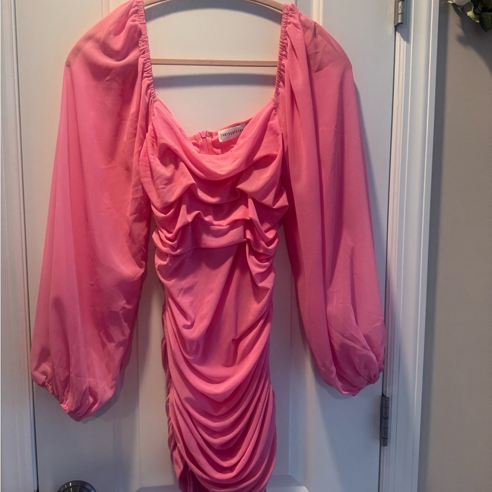 Pink Ruched Dress with Puff Sleeves